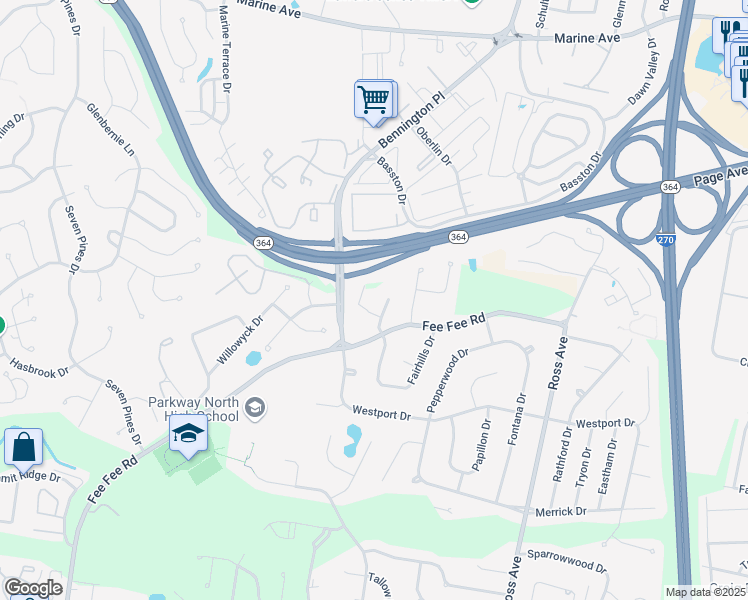 map of restaurants, bars, coffee shops, grocery stores, and more near 12657 Fee Fee Road in St. Louis