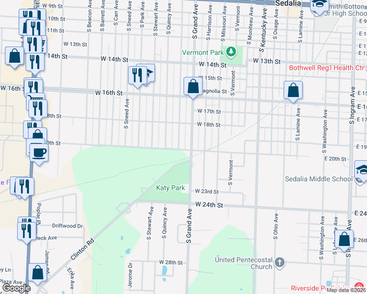 map of restaurants, bars, coffee shops, grocery stores, and more near 1922 South Grand Avenue in Sedalia