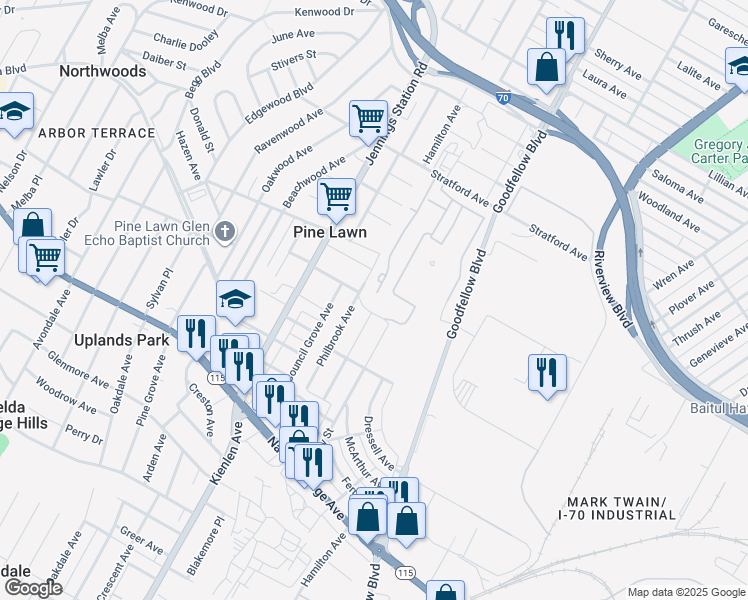 map of restaurants, bars, coffee shops, grocery stores, and more near 4000 Peyton Lane in St. Louis