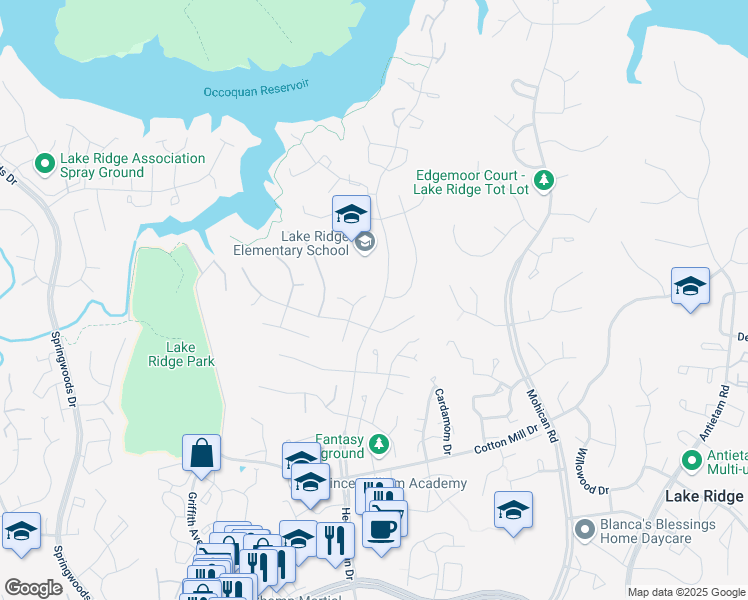 map of restaurants, bars, coffee shops, grocery stores, and more near 11989 Point Longstreet Way in Woodbridge
