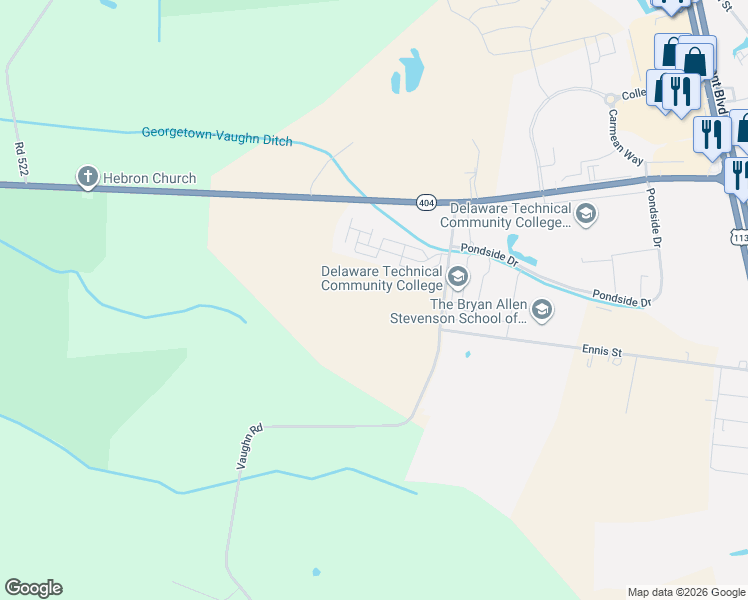 map of restaurants, bars, coffee shops, grocery stores, and more near 21583-21683 Vaughn Road in Georgetown