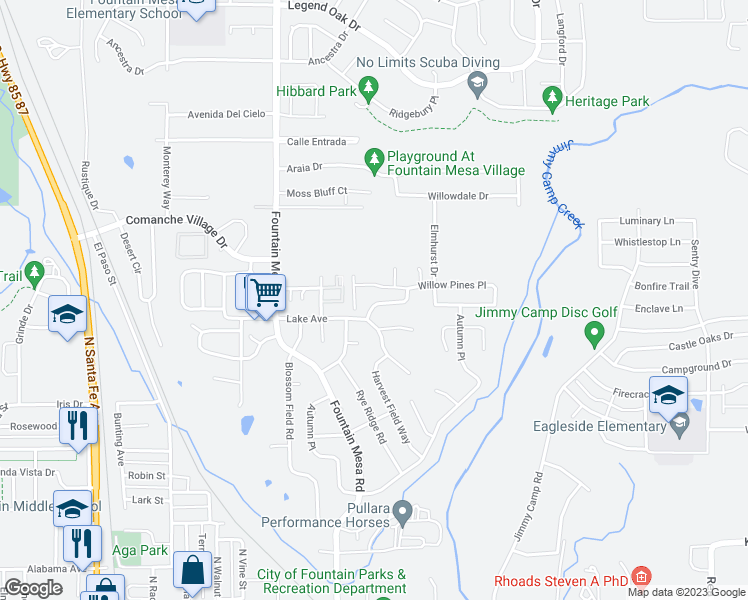 map of restaurants, bars, coffee shops, grocery stores, and more near 7316 Oakshire Way in Fountain