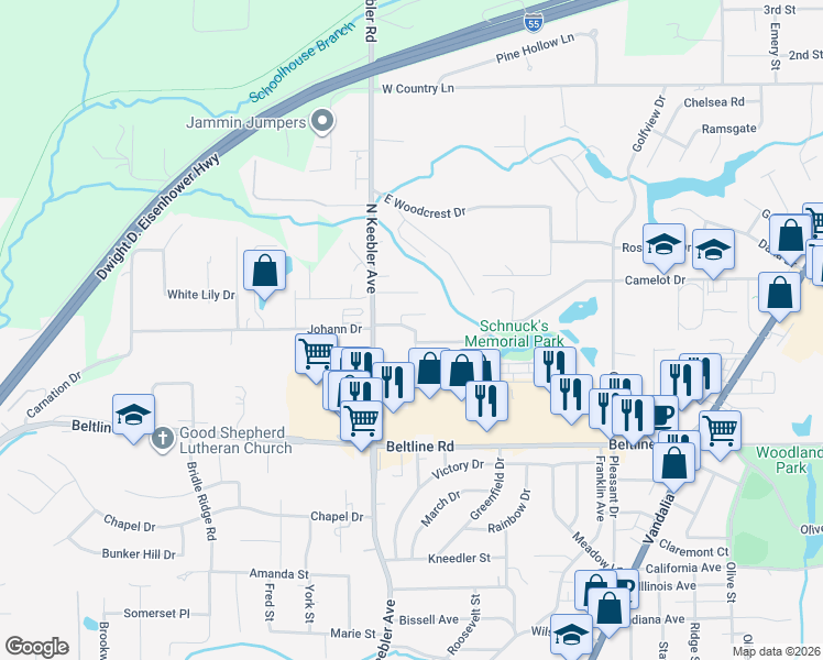 map of restaurants, bars, coffee shops, grocery stores, and more near 607 Camelot Drive in Collinsville