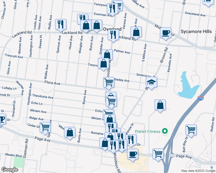 map of restaurants, bars, coffee shops, grocery stores, and more near 2202 Woodson Road in Overland