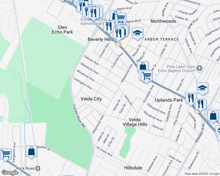 map of restaurants, bars, coffee shops, grocery stores, and more near 6925 Woodrow Avenue in St. Louis