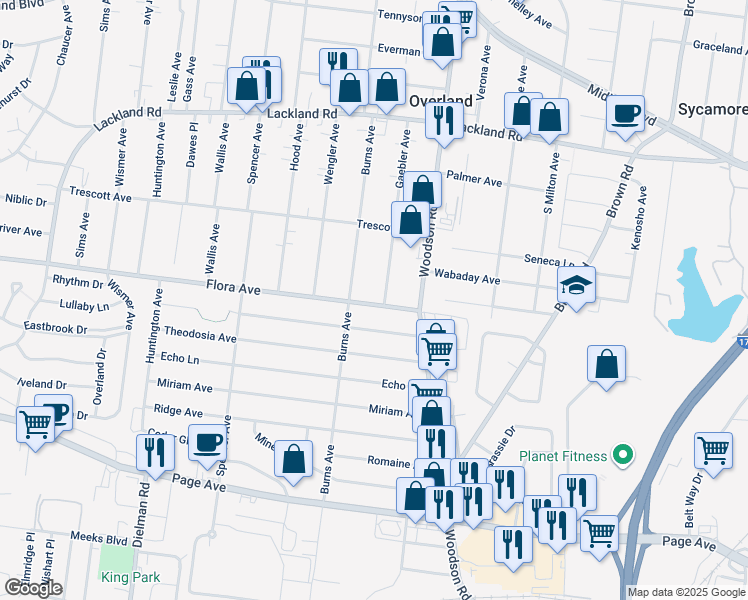 map of restaurants, bars, coffee shops, grocery stores, and more near 9410 Flora Avenue in Overland