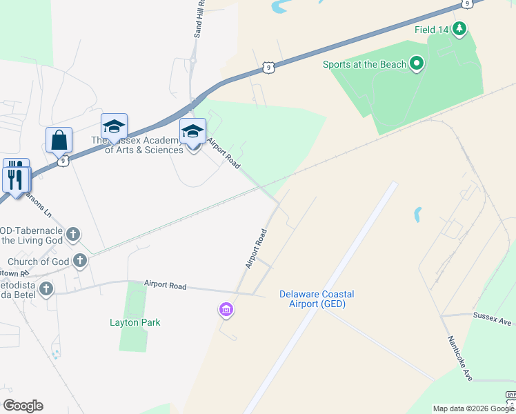 map of restaurants, bars, coffee shops, grocery stores, and more near 21269 Airport Road in Georgetown