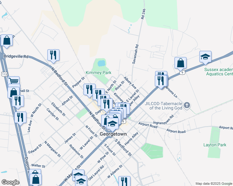 map of restaurants, bars, coffee shops, grocery stores, and more near 206 North Railroad Avenue in Georgetown