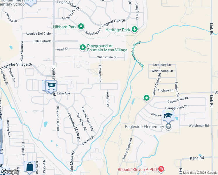 map of restaurants, bars, coffee shops, grocery stores, and more near 7419 Wind Haven Trail in Fountain