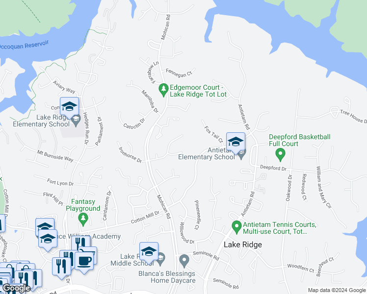 map of restaurants, bars, coffee shops, grocery stores, and more near 3068 Shagwood Court in Woodbridge