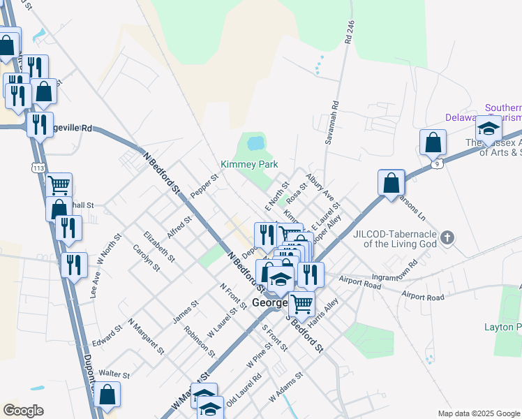 map of restaurants, bars, coffee shops, grocery stores, and more near 108 New Street in Georgetown