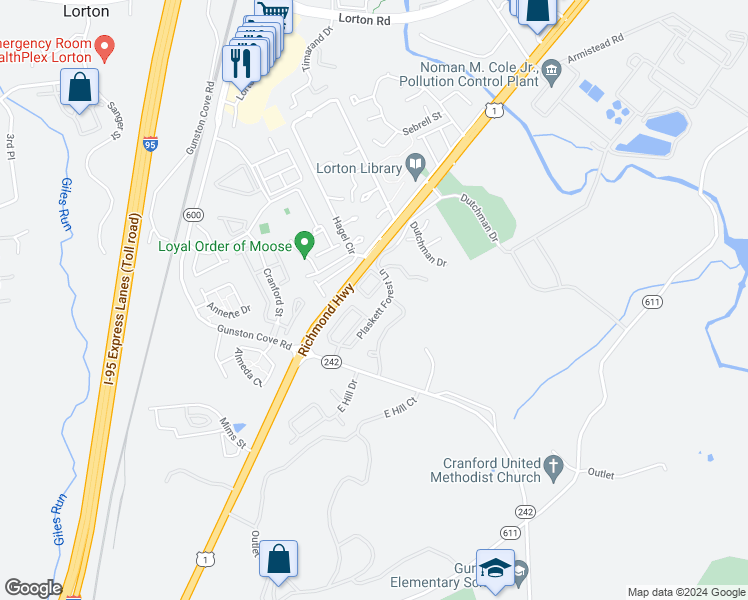 map of restaurants, bars, coffee shops, grocery stores, and more near 7859 Dogue Indian Circle in Lorton