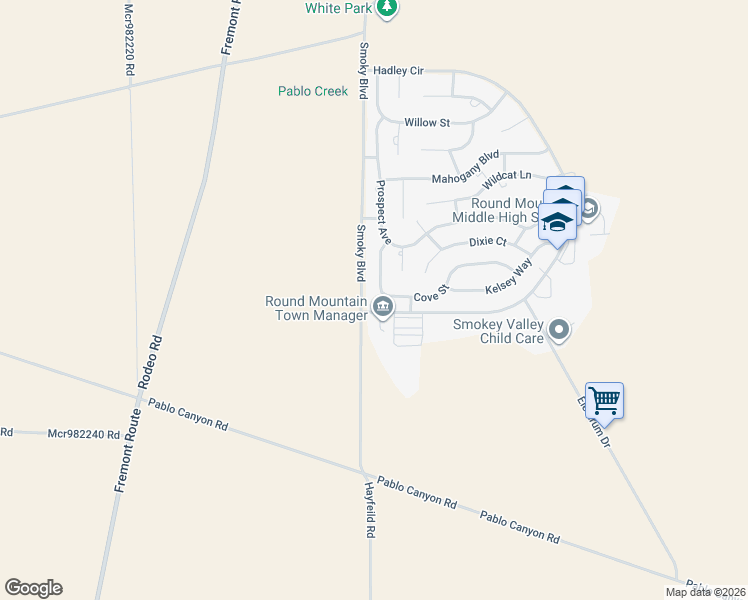 map of restaurants, bars, coffee shops, grocery stores, and more near 100 Hadley Circle in Round Mountain
