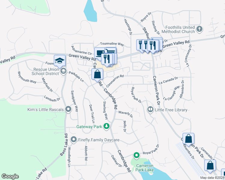 map of restaurants, bars, coffee shops, grocery stores, and more near 2731 Cambridge Road in Cameron Park