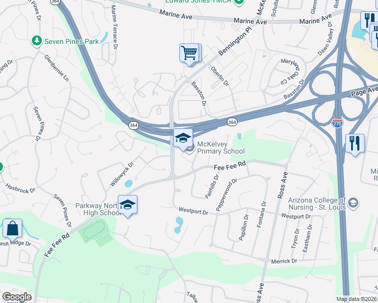 map of restaurants, bars, coffee shops, grocery stores, and more near 12657 Fee Fee Rd in St Louis