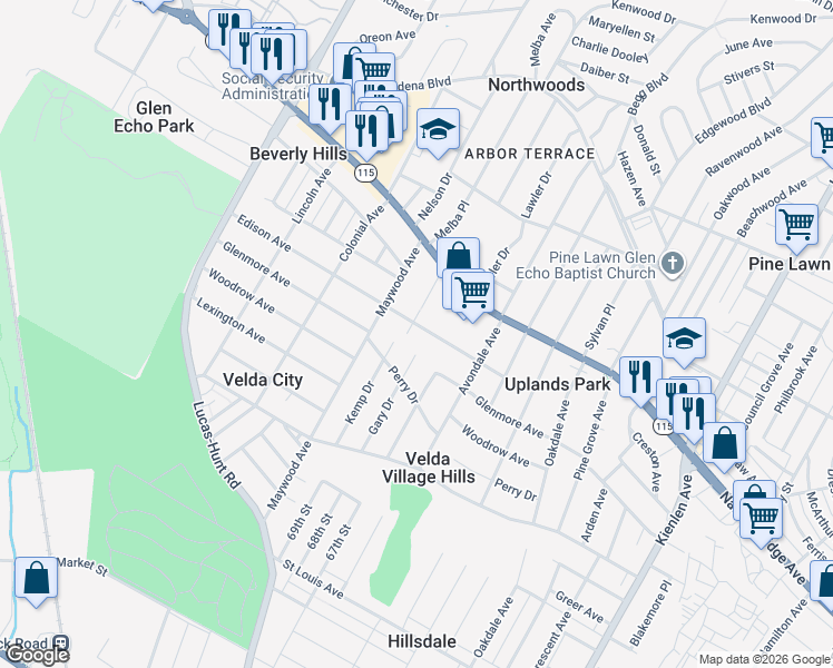 map of restaurants, bars, coffee shops, grocery stores, and more near 3215 Gary Drive in St. Louis