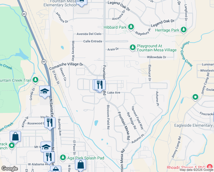 map of restaurants, bars, coffee shops, grocery stores, and more near 1006 Fountain Mesa Road in Fountain