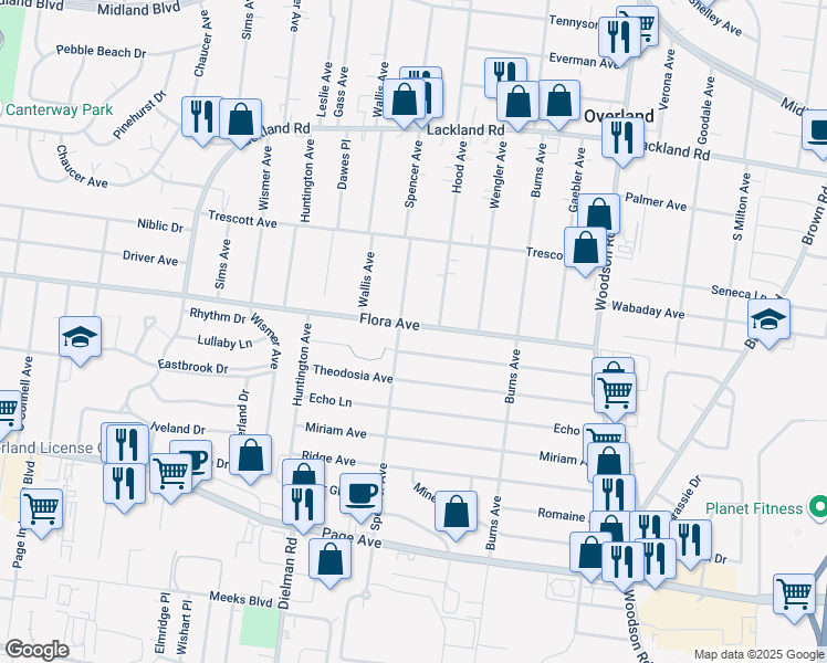 map of restaurants, bars, coffee shops, grocery stores, and more near 9617 Cote Brilliante Avenue in Overland