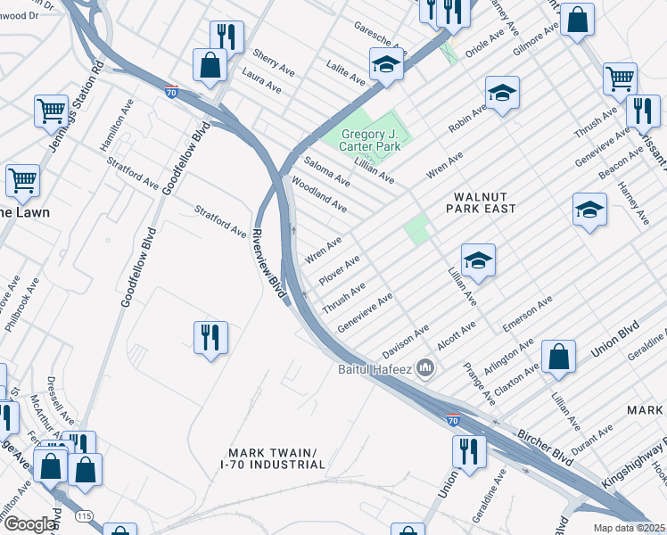 map of restaurants, bars, coffee shops, grocery stores, and more near 4726 Plover Avenue in St. Louis