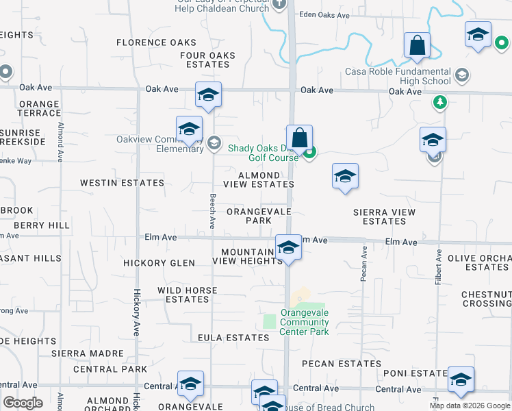 map of restaurants, bars, coffee shops, grocery stores, and more near 7024 Bobby Street in Orangevale