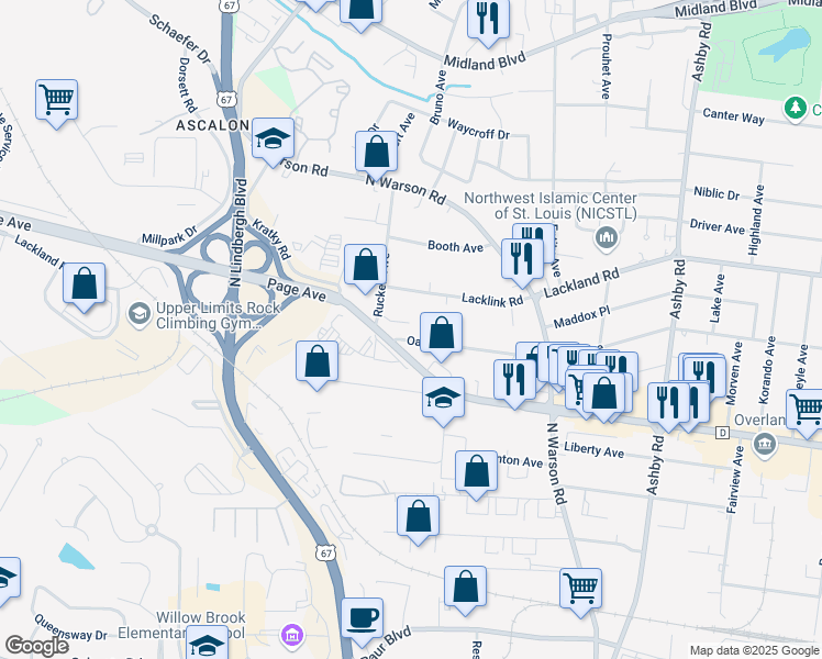 map of restaurants, bars, coffee shops, grocery stores, and more near 10852 Verhaven Lane in St. Louis