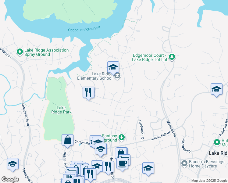 map of restaurants, bars, coffee shops, grocery stores, and more near 11988 Point Longstreet Way in Woodbridge
