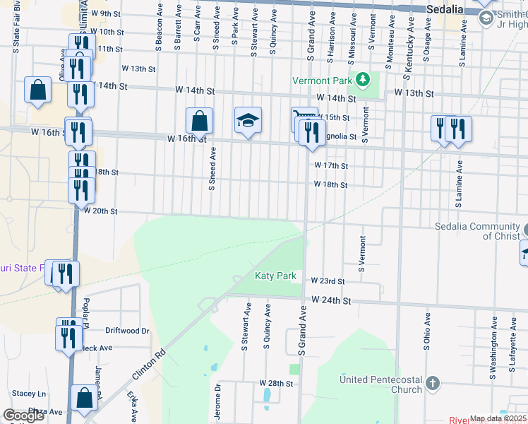 map of restaurants, bars, coffee shops, grocery stores, and more near 1053-1099 W 20th St in Sedalia