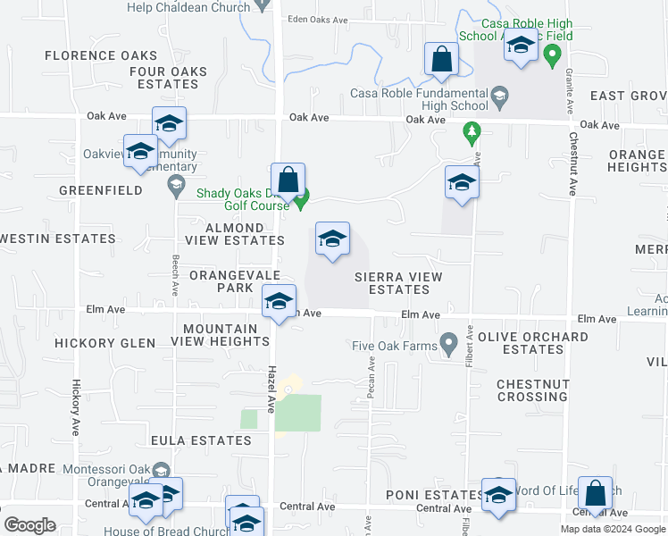 map of restaurants, bars, coffee shops, grocery stores, and more near 8935 Elm Avenue in Orangevale