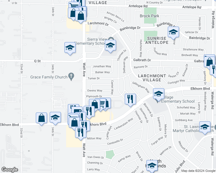 map of restaurants, bars, coffee shops, grocery stores, and more near 3660 Cummings Way in North Highlands