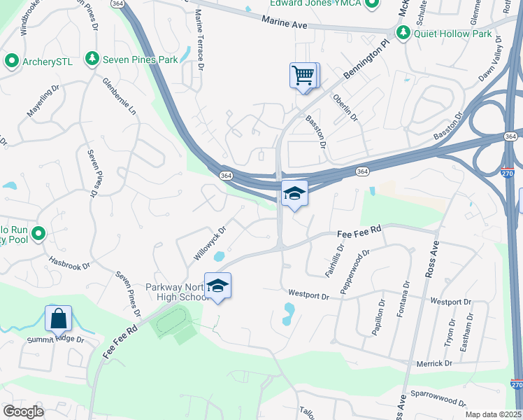 map of restaurants, bars, coffee shops, grocery stores, and more near 12735 Parkway Estates Drive in St. Louis
