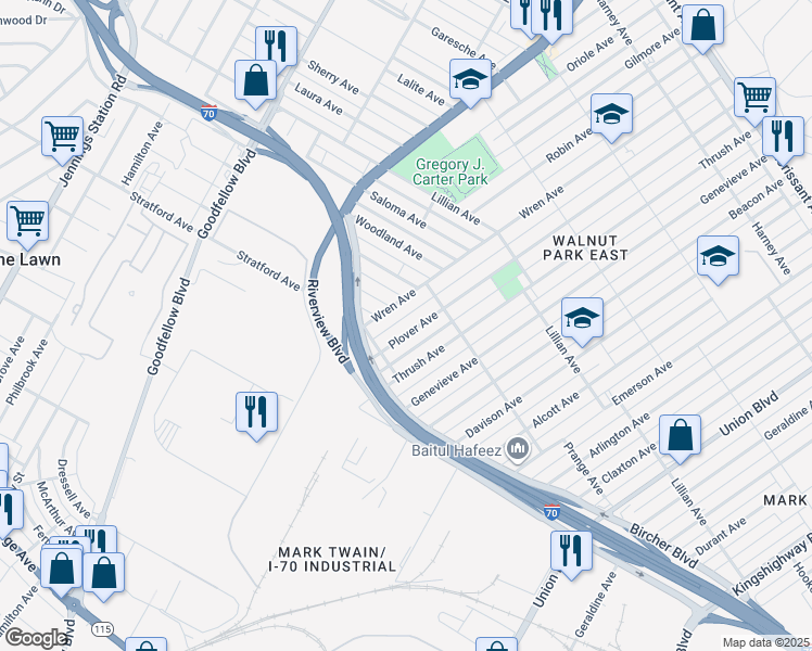 map of restaurants, bars, coffee shops, grocery stores, and more near 4726 Plover Avenue in St. Louis
