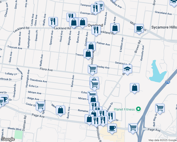 map of restaurants, bars, coffee shops, grocery stores, and more near 2202 Woodson Road in Overland
