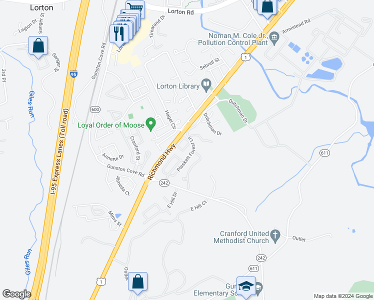 map of restaurants, bars, coffee shops, grocery stores, and more near 7865 Dogue Indian Circle in Lorton