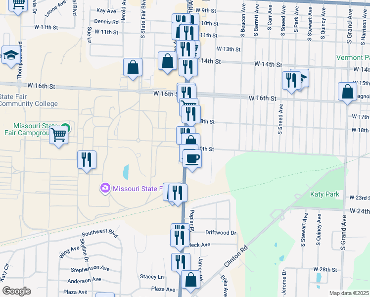 map of restaurants, bars, coffee shops, grocery stores, and more near 2000 South Limit Avenue in Sedalia
