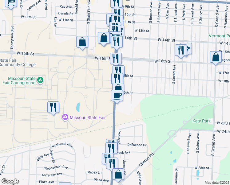 map of restaurants, bars, coffee shops, grocery stores, and more near 2000 South Limit Avenue in Sedalia