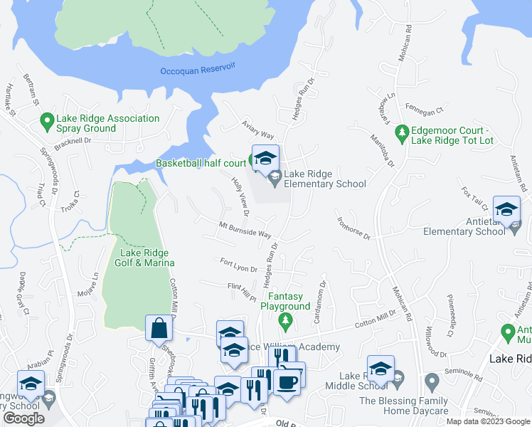 map of restaurants, bars, coffee shops, grocery stores, and more near 11988 Point Longstreet Way in Woodbridge