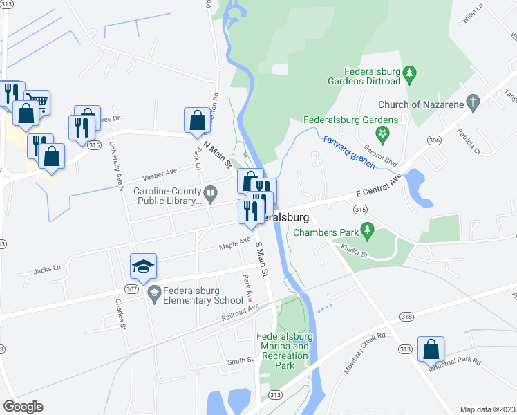 map of restaurants, bars, coffee shops, grocery stores, and more near 108 East Central Avenue in Federalsburg