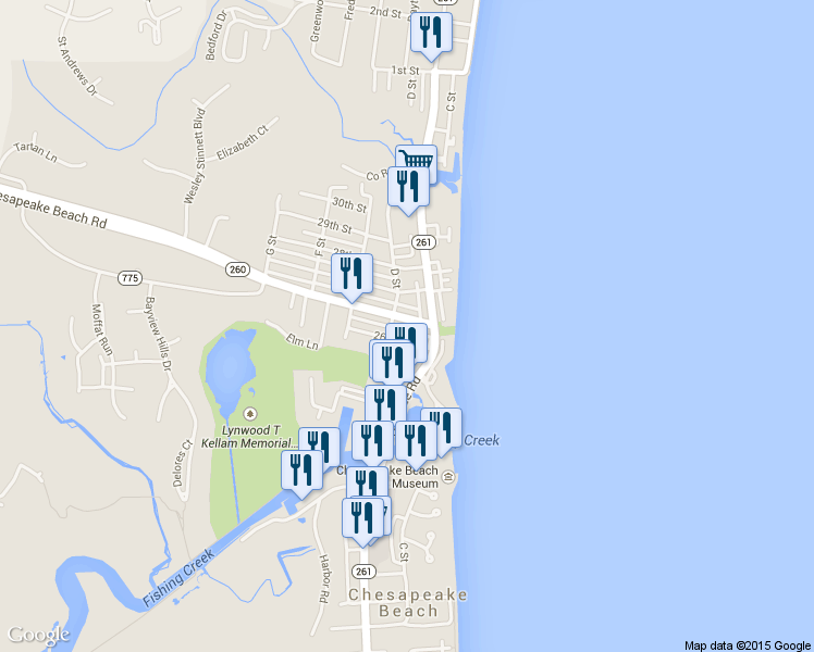 map of restaurants, bars, coffee shops, grocery stores, and more near 3909 Chesapeake Beach Rd in Chesapeake Beach