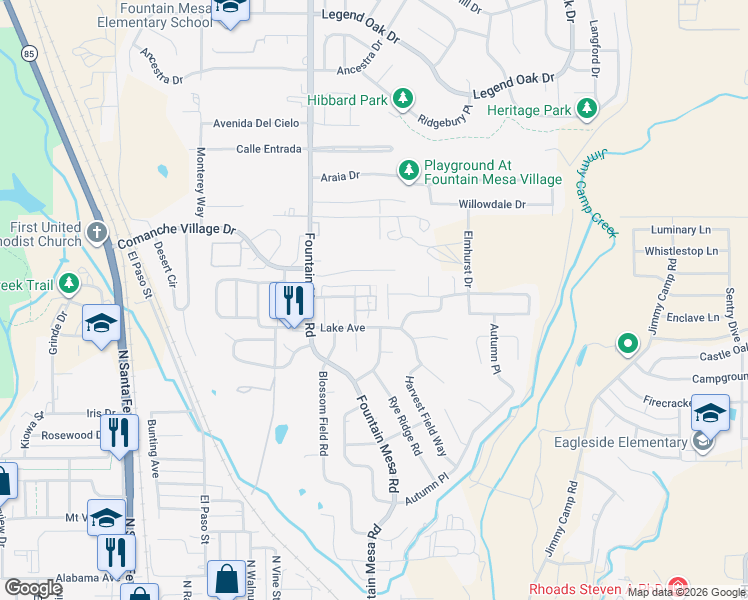 map of restaurants, bars, coffee shops, grocery stores, and more near 7184 Bracken Place in Fountain