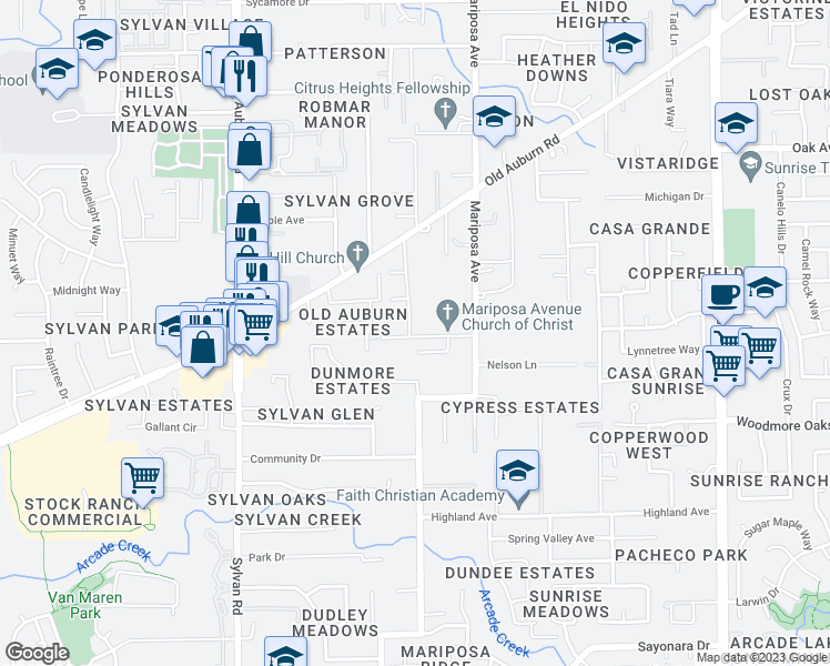 map of restaurants, bars, coffee shops, grocery stores, and more near 7100 Linda Vista Drive in Citrus Heights