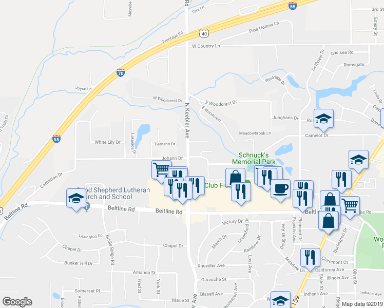 map of restaurants, bars, coffee shops, grocery stores, and more near 15 Tiemann Drive in Collinsville