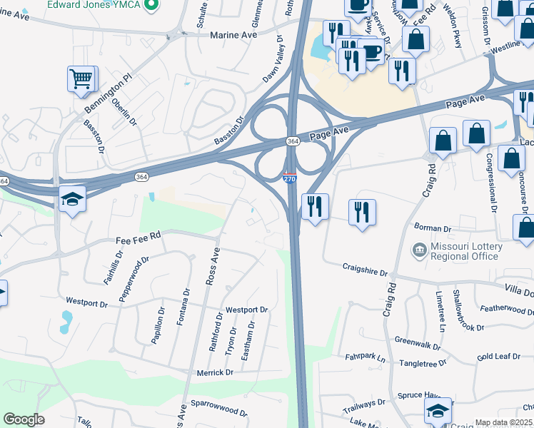 map of restaurants, bars, coffee shops, grocery stores, and more near Page Avenue in St. Louis