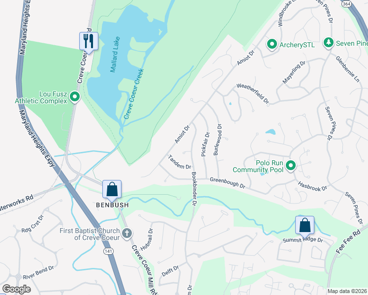 map of restaurants, bars, coffee shops, grocery stores, and more near 13636 Amiot Drive in St. Louis