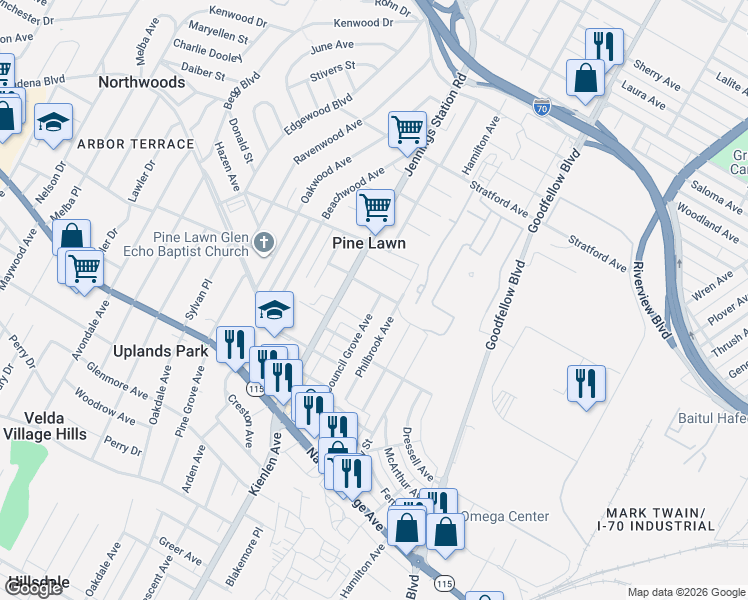 map of restaurants, bars, coffee shops, grocery stores, and more near 6113 Saint Paul Place in St. Louis