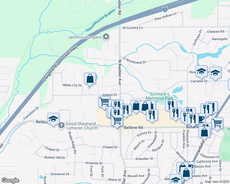 map of restaurants, bars, coffee shops, grocery stores, and more near 95 Johann Drive in Collinsville