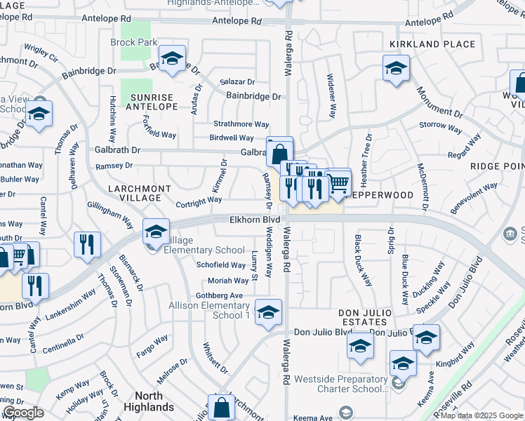 map of restaurants, bars, coffee shops, grocery stores, and more near 4324 Ramsey Drive in North Highlands