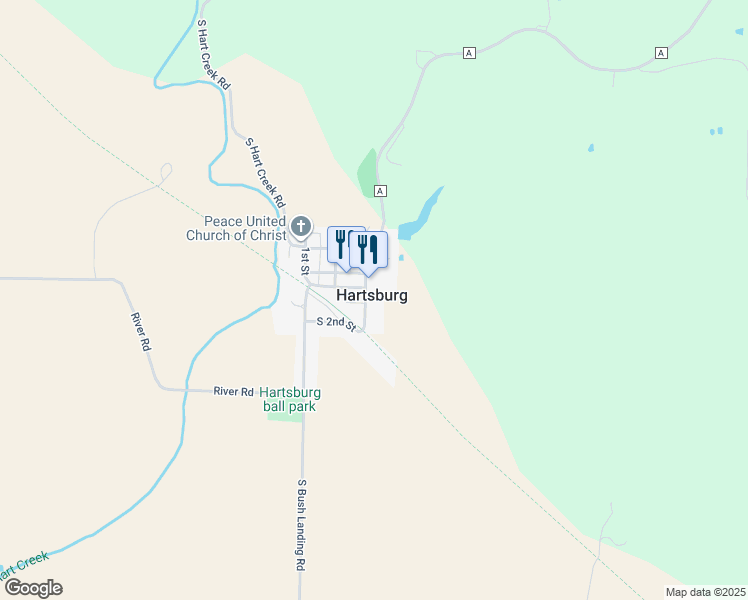 map of restaurants, bars, coffee shops, grocery stores, and more near 30 South 2nd Street in Hartsburg