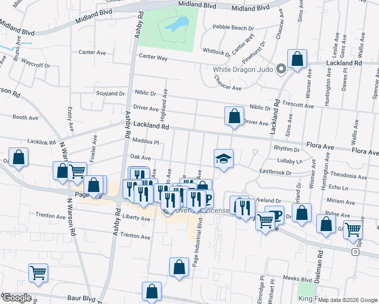 map of restaurants, bars, coffee shops, grocery stores, and more near 1929 O Connell Avenue in Overland