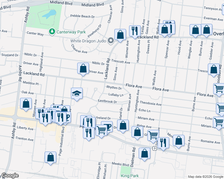 map of restaurants, bars, coffee shops, grocery stores, and more near 9815 Rhythm Drive in Overland