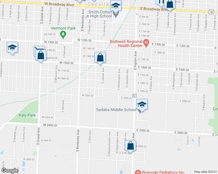 map of restaurants, bars, coffee shops, grocery stores, and more near 223 East 19th Street in Sedalia